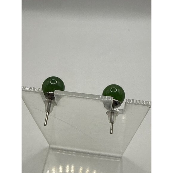 Green Jade Colored Ball Stud Earrings With Silver Tone Posts - Picture 3 of 4